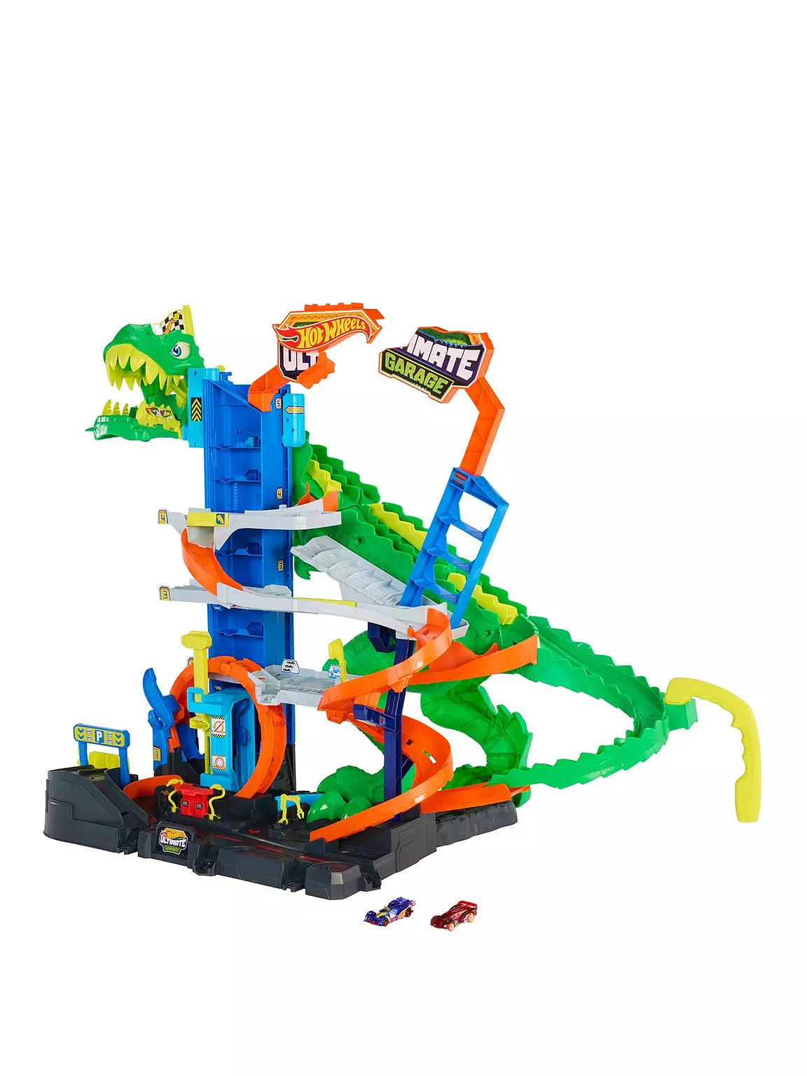 Hot Wheels City Ultimate T-Rex Garage Playset with Multi-Level Racing, Dinosaur Challenge, 2 Vehicles and Storage for 50+ Cars
